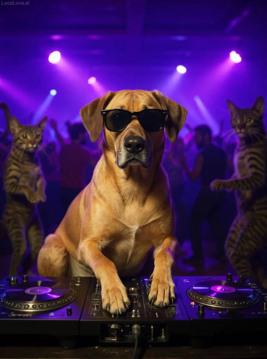 Rhodesian Ridgeback dog wearing sunglasses with paws on turntables at a nightclub
