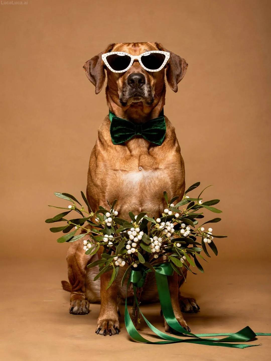 Rhodesian Ridgeback dog wearing white cat-eye sunglasses holding a bundle of mistletoe