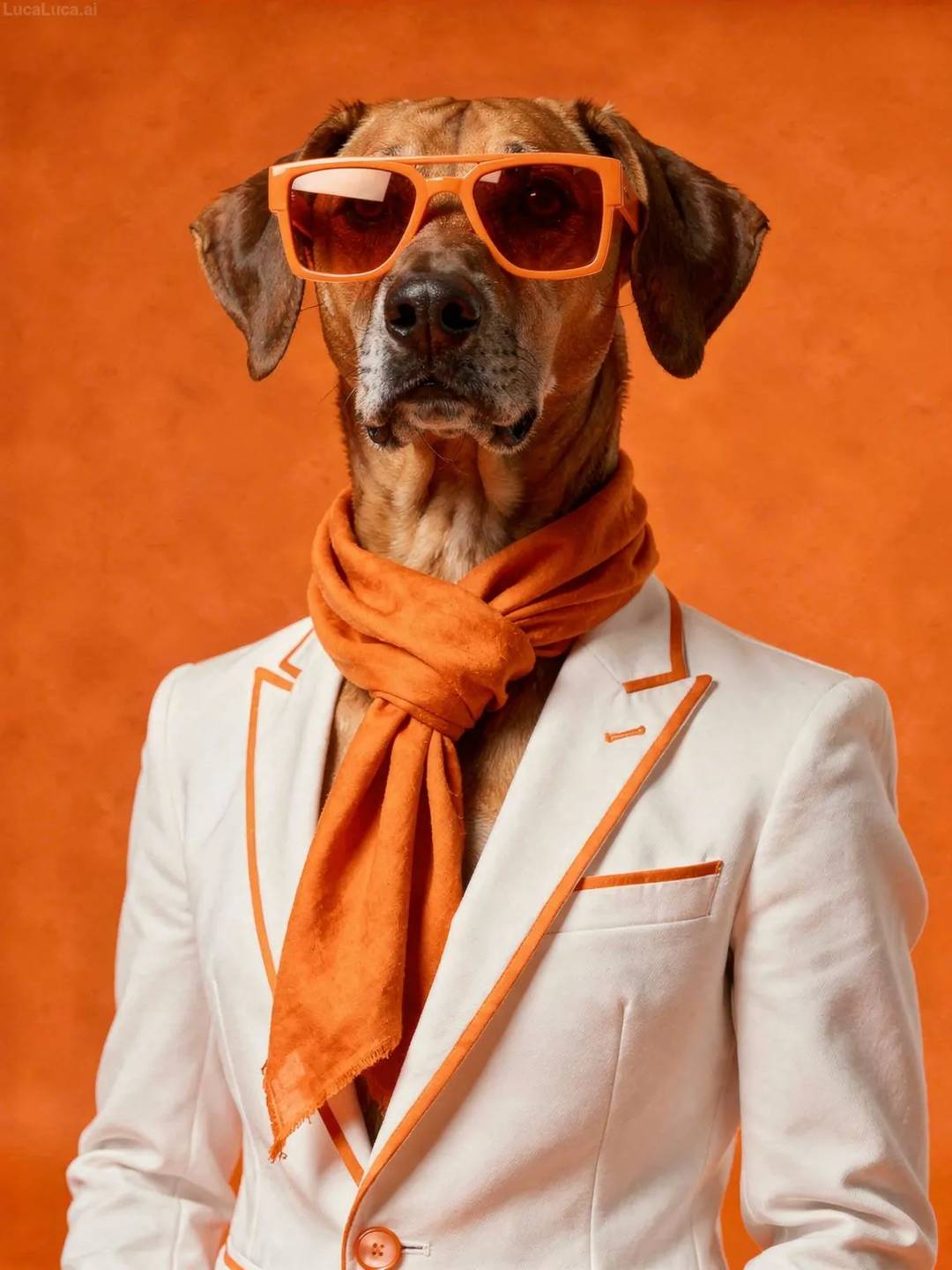 Rhodesian Ridgeback dog wearing orange sunglasses and white suit on an orange background