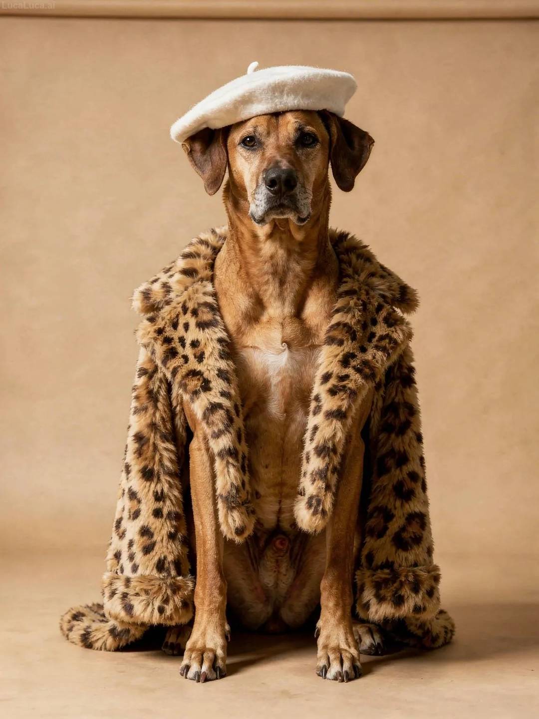 Rhodesian Ridgeback dog wearing a white beret and leopard-print faux fur coat