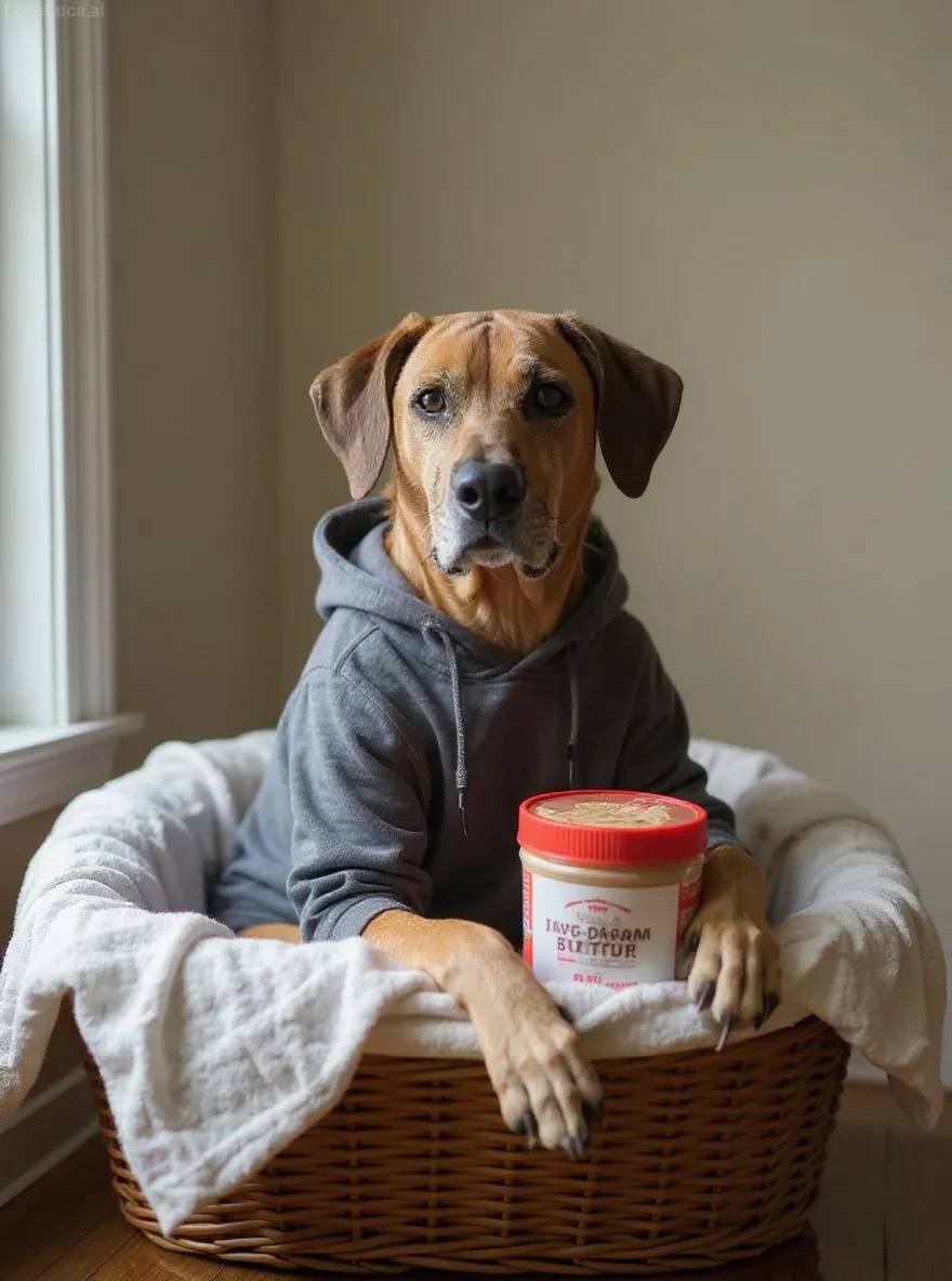 Rhodesian Ridgeback dog wrapped in a hoodie in a laundry basket holding peanut butter