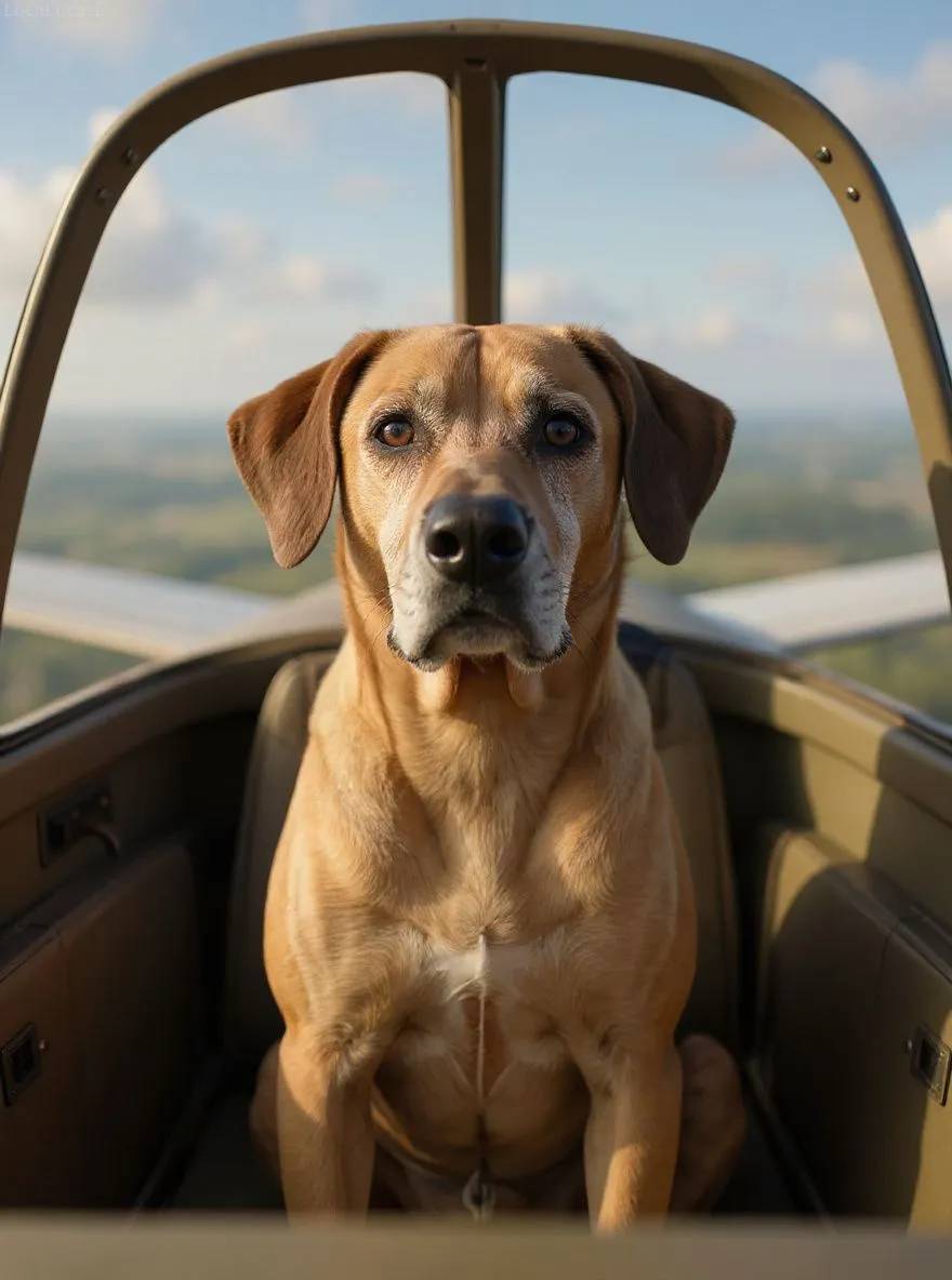 Rhodesian Ridgeback dog in an airplane cockpit wearing aviator goggles