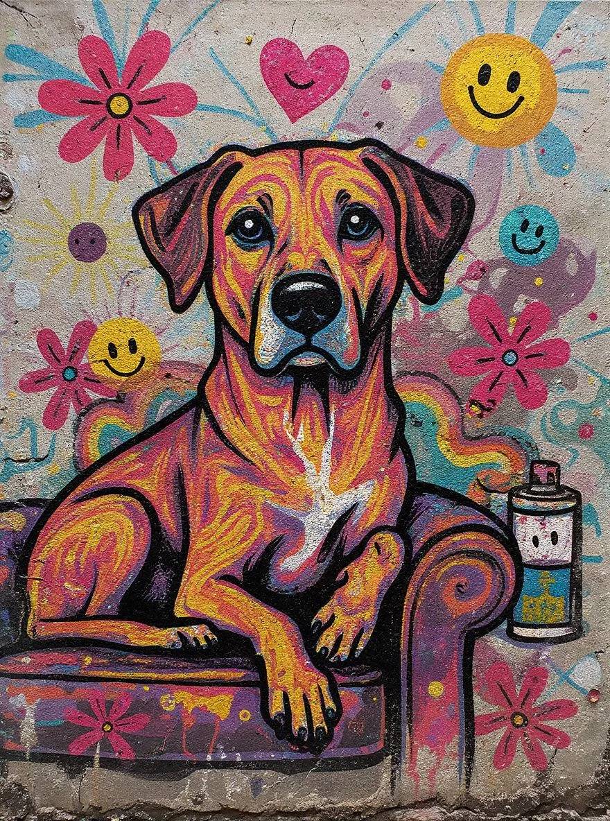 Rhodesian Ridgeback dog as street art combining graffiti style with pop art flowers