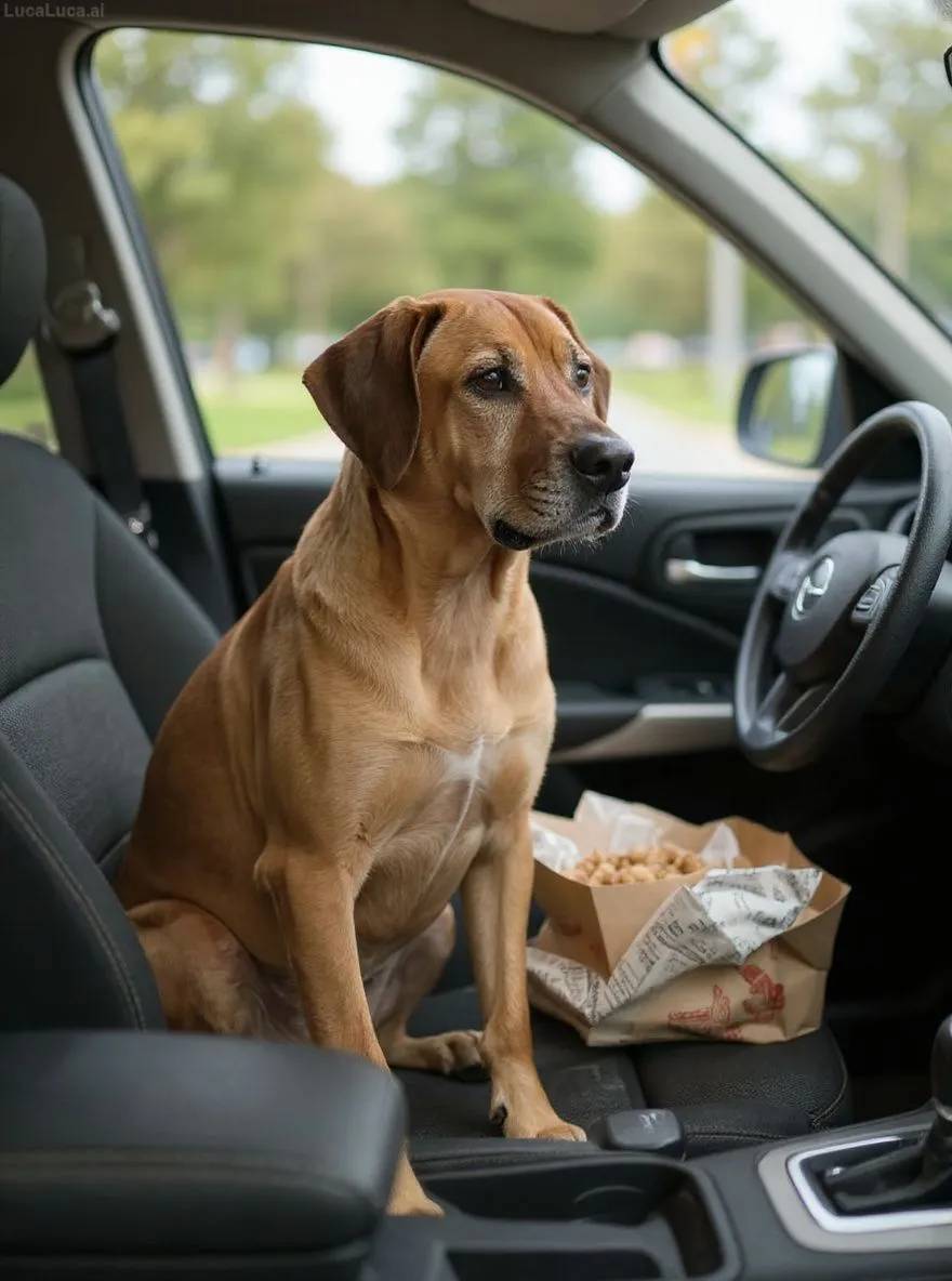 Rhodesian Ridgeback dog in a car passenger seat surrounded by takeout bags