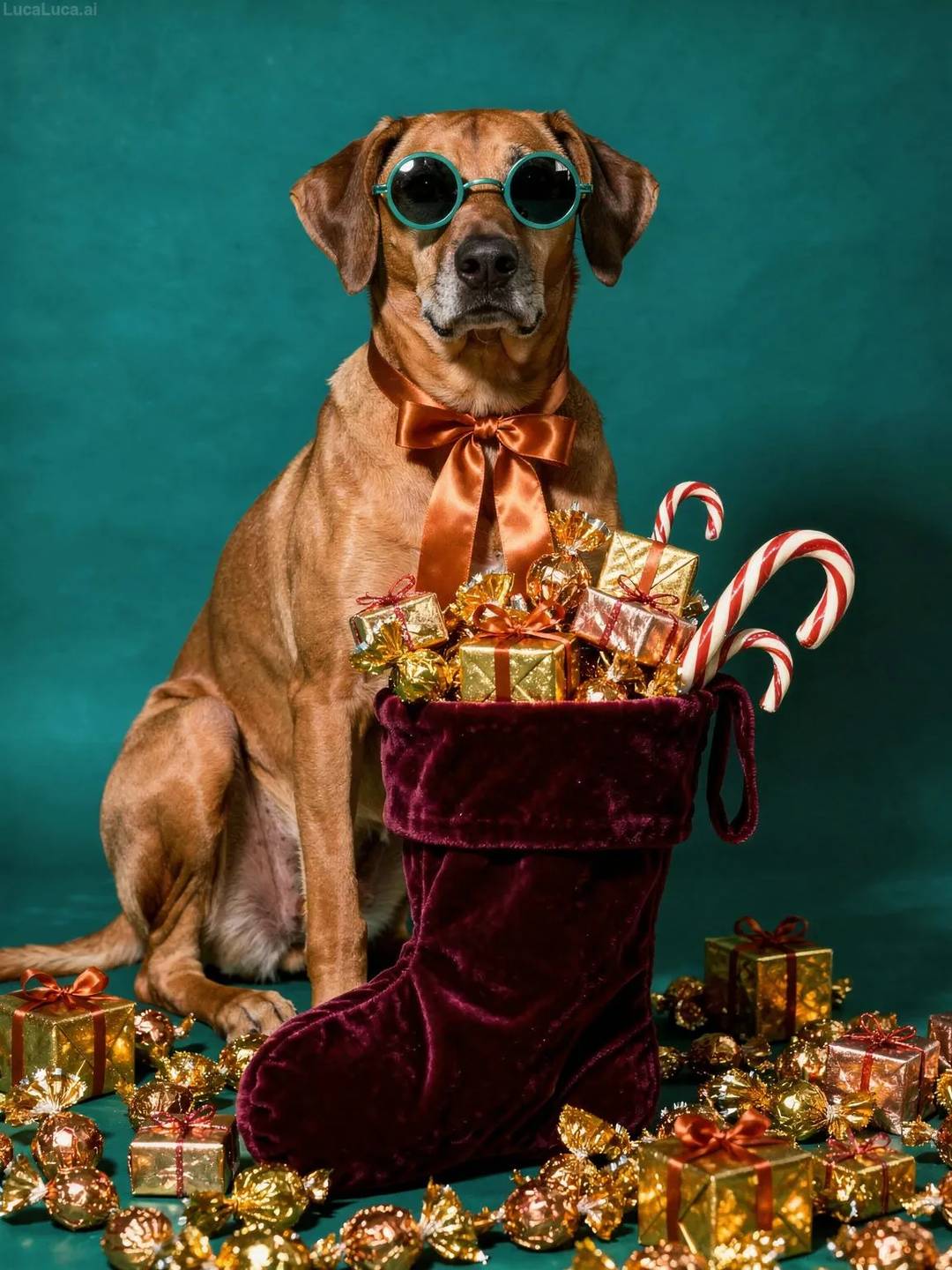 Rhodesian Ridgeback dog wearing teal sunglasses holding a Christmas stocking with candies