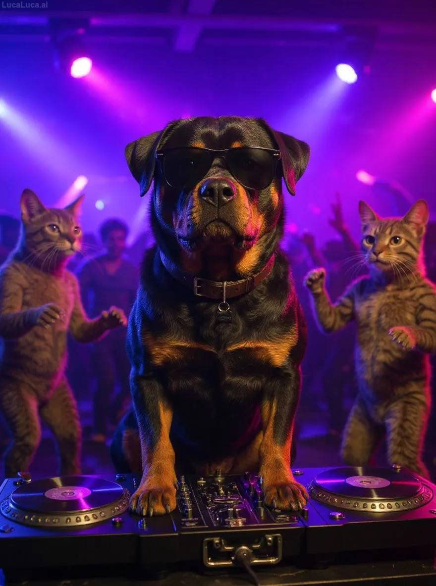 Rottweiler dog wearing sunglasses with paws on turntables at a nightclub