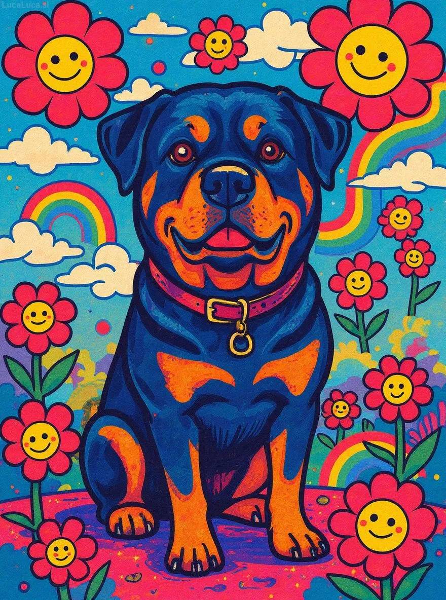 Rottweiler dog in Japanese pop art style with smiling flowers and bright colors