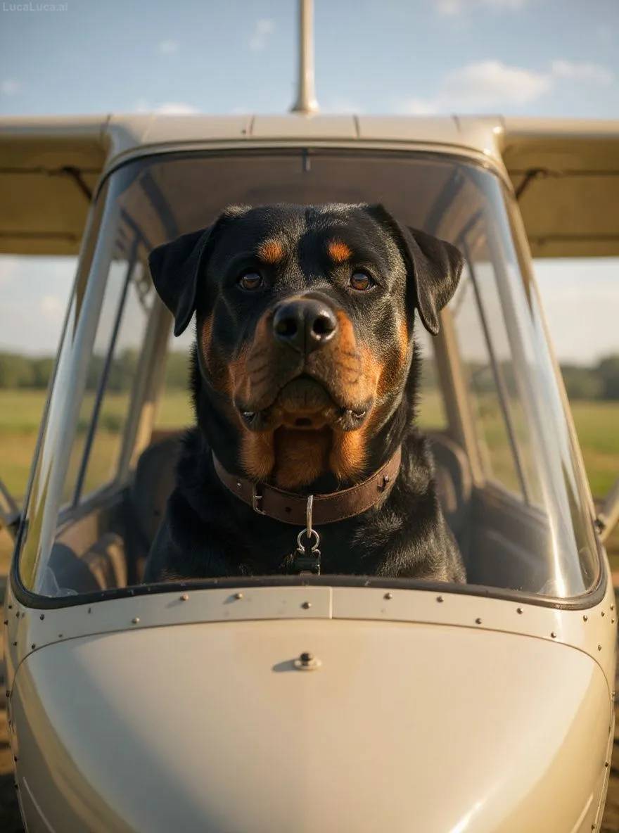 Rottweiler dog in an airplane cockpit wearing aviator goggles