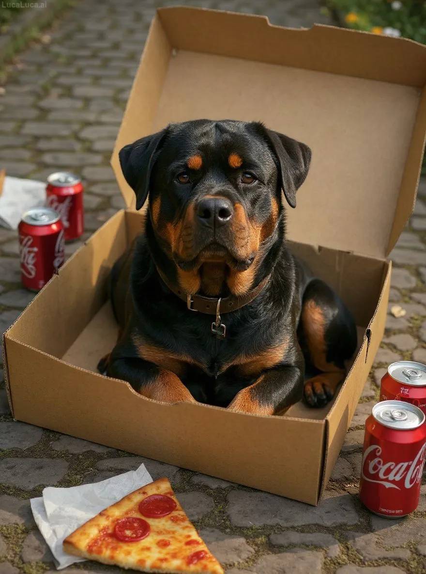 Rottweiler dog curled up in an empty pizza box surrounded by soda cans