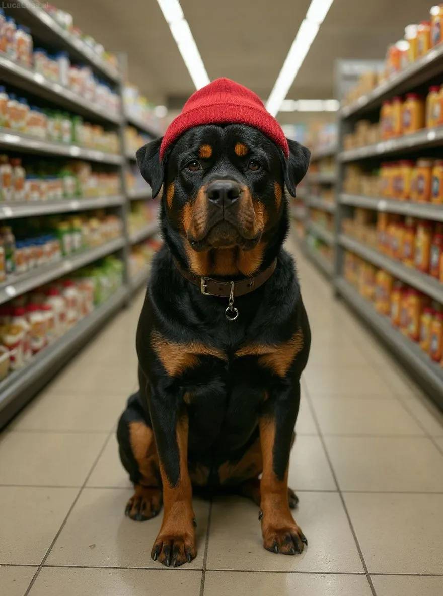 Rottweiler dog wearing a red beanie standing in a convenience store aisle