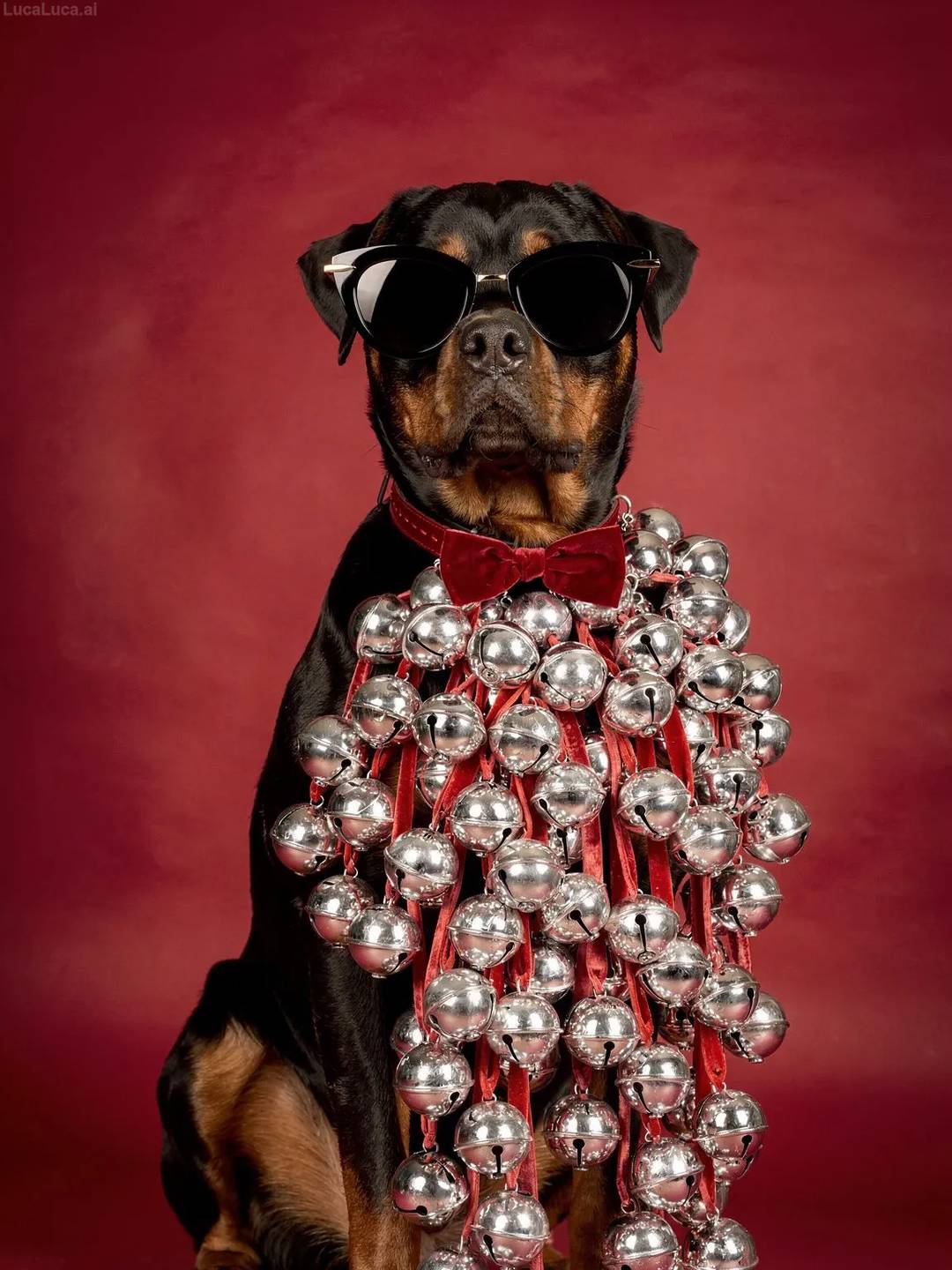 Rottweiler dog wearing black cat-eye sunglasses holding silver jingle bells