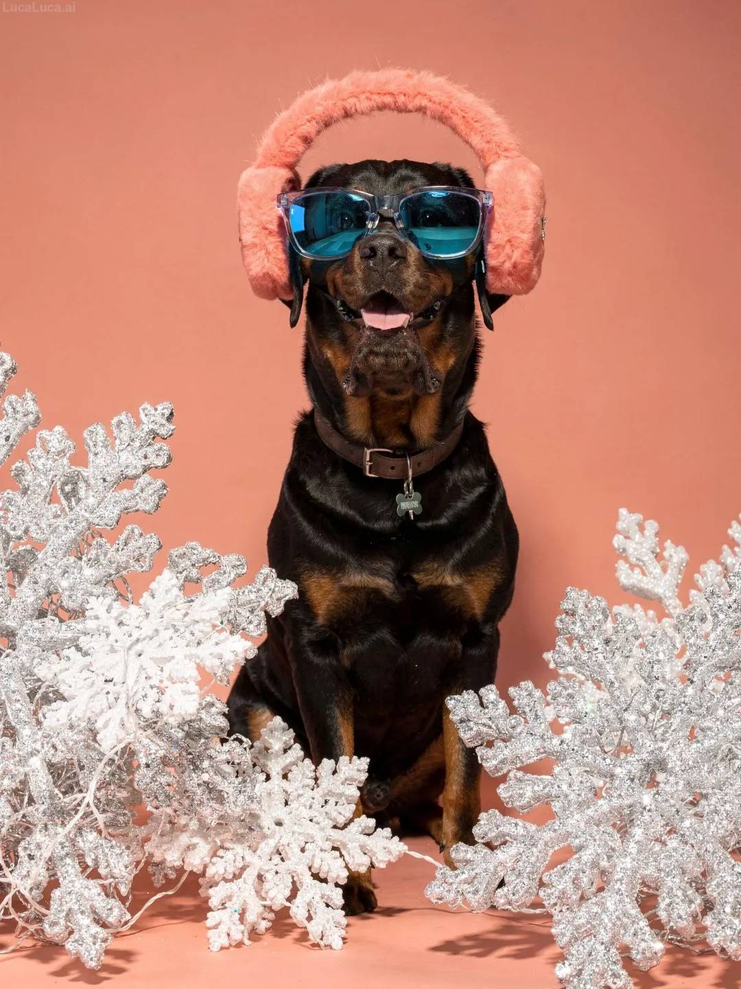 Rottweiler dog wearing blue sunglasses and coral earmuffs holding snowflake ornaments