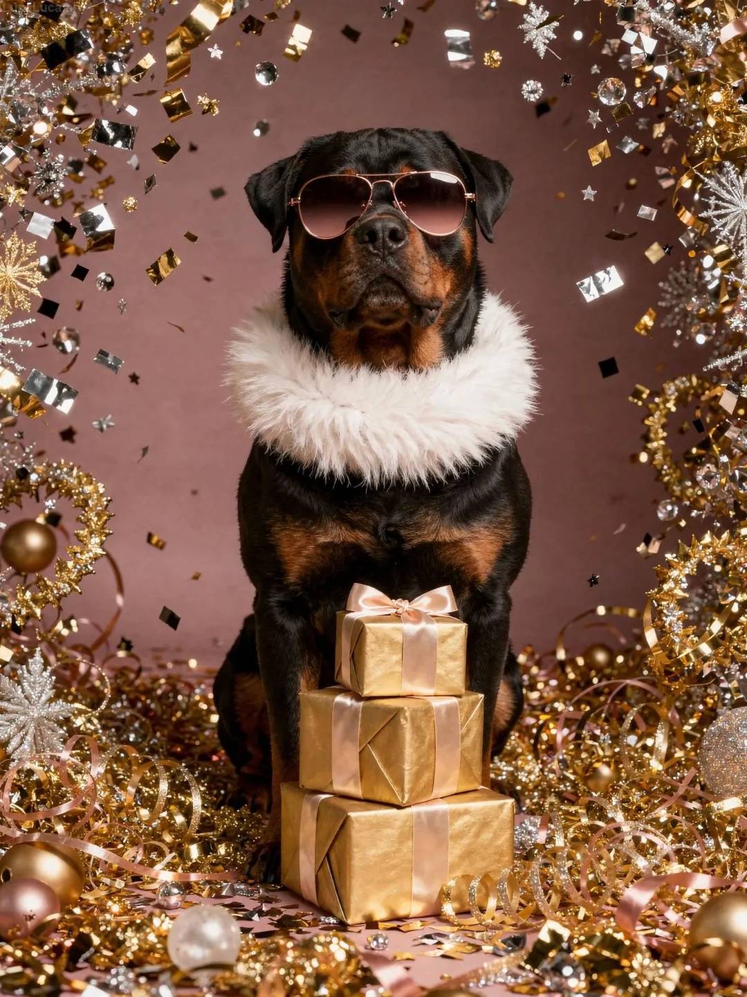Rottweiler dog wearing rose gold sunglasses with gold confetti and gift boxes