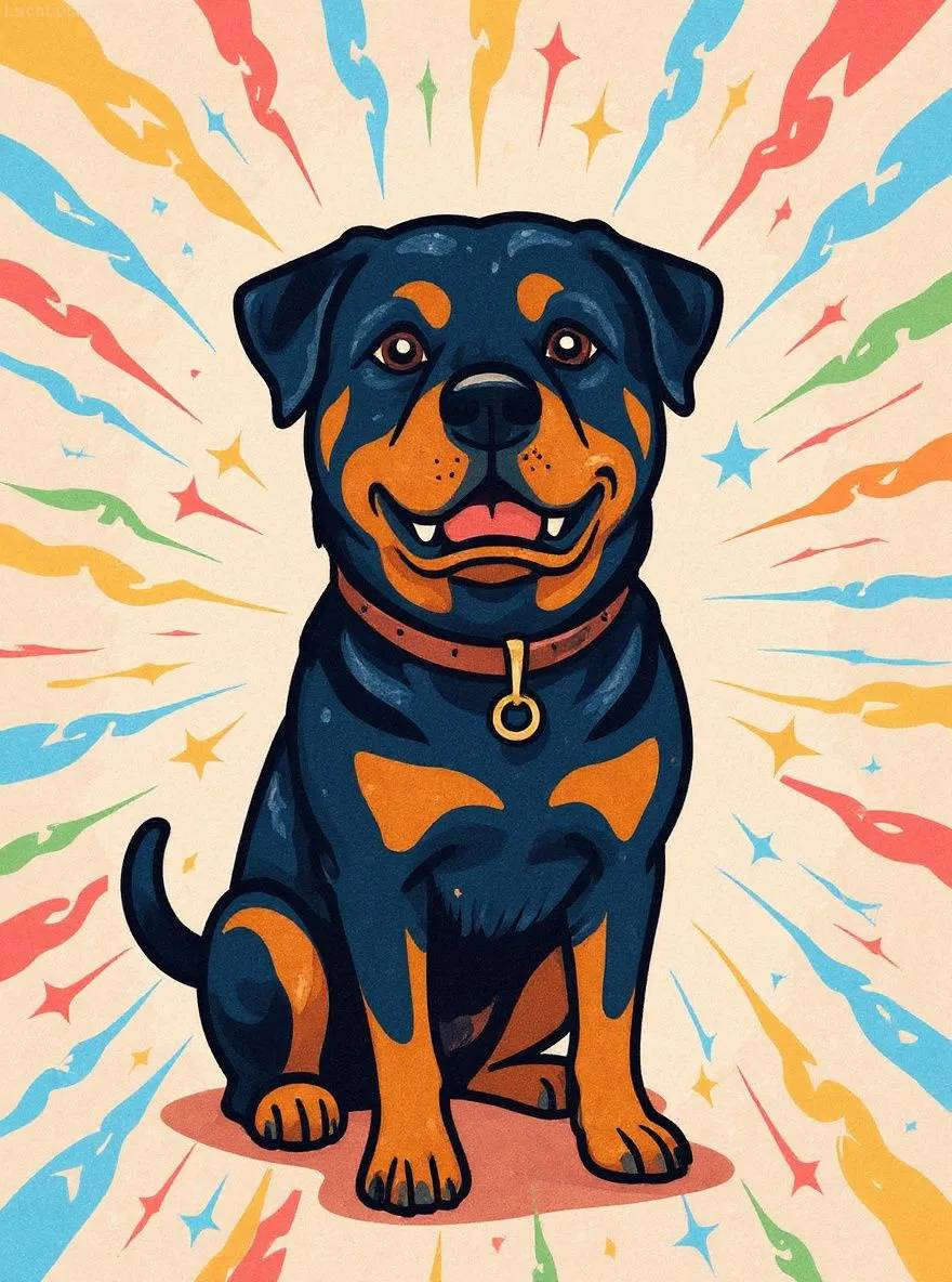Rottweiler dog in cartoon style with bold outlines and energetic shapes