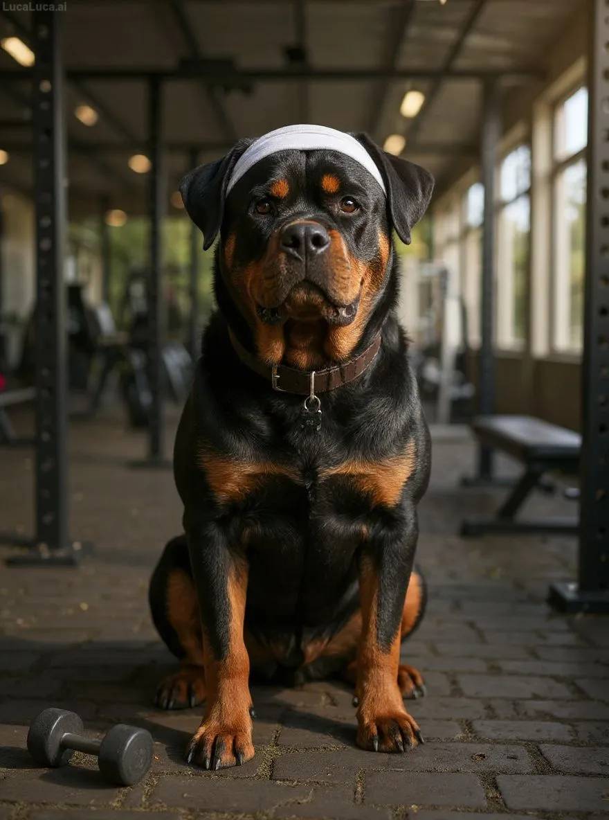 Rottweiler dog in a gym lifting dumbbells wearing a sweatband