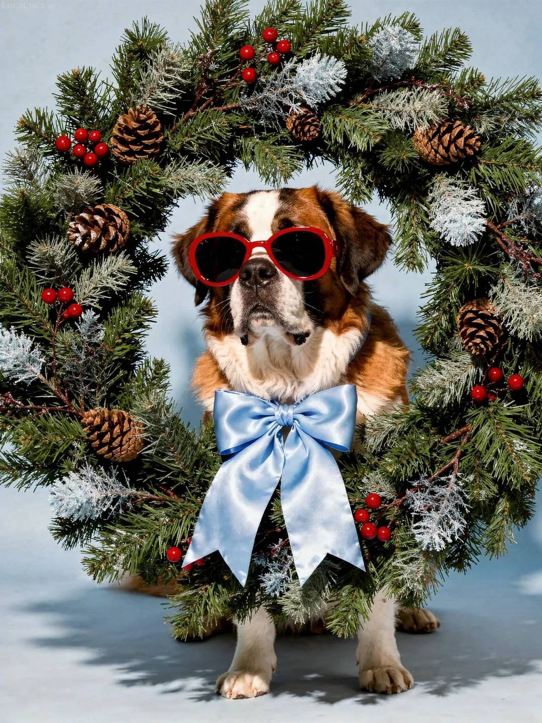 Saint Bernard dog wearing red sunglasses holding a Christmas wreath with berries