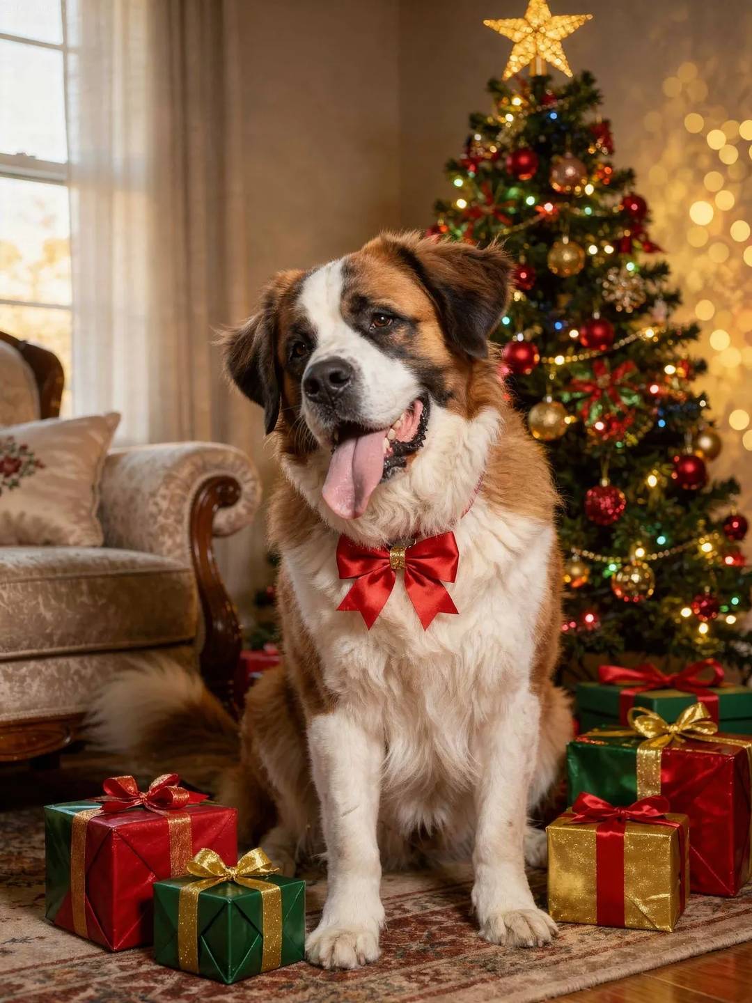 Saint Bernard dog sitting beside a decorated Christmas tree with wrapped presents