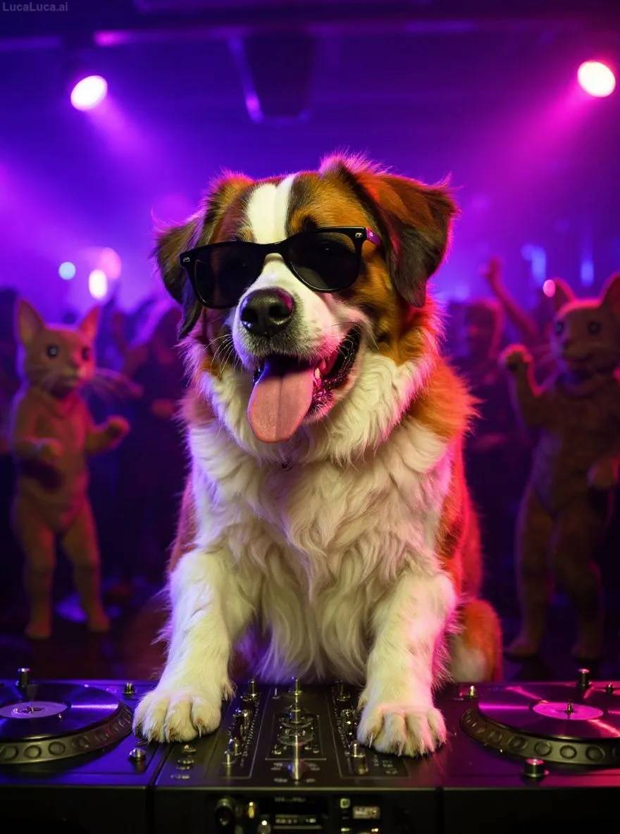 Saint Bernard dog wearing sunglasses with paws on turntables at a nightclub