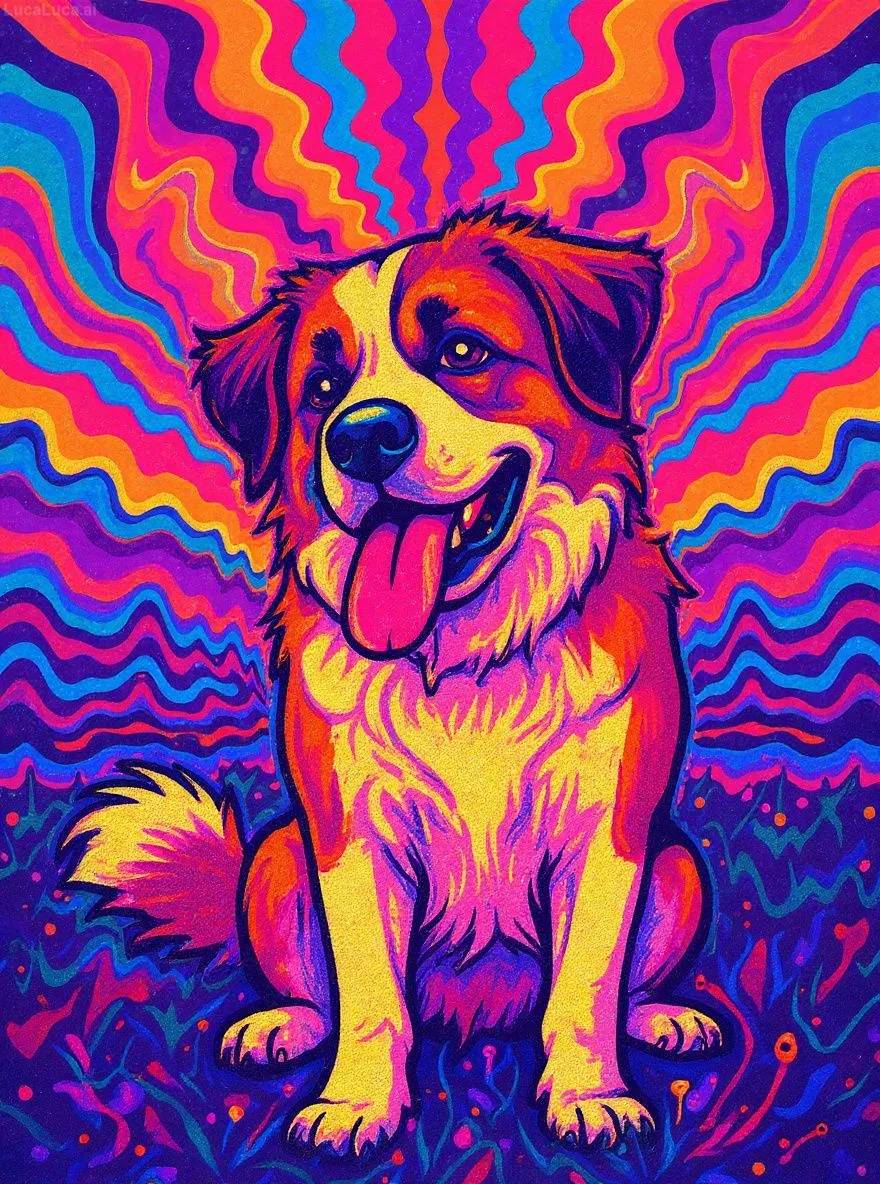 Saint Bernard dog in psychedelic 1970s style with neon gradients and swirling patterns