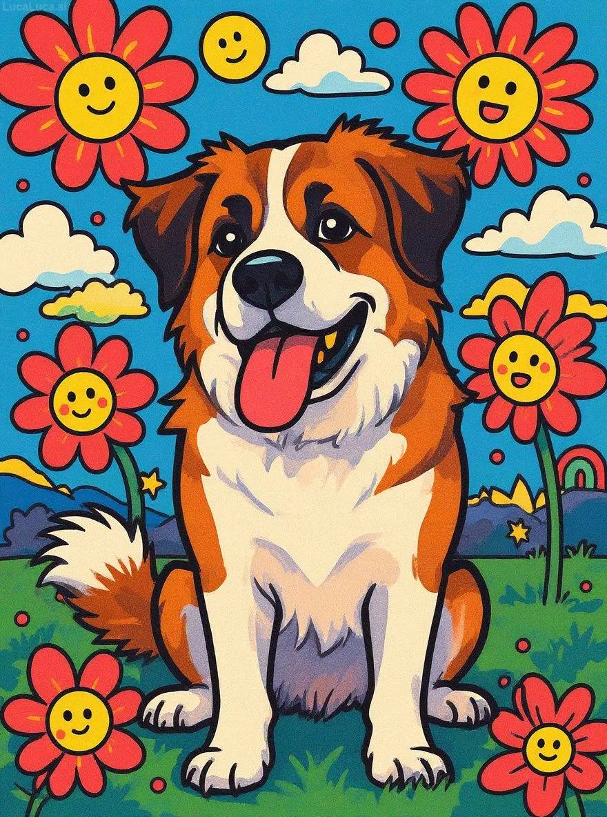 Saint Bernard dog in Japanese pop art style with smiling flowers and bright colors