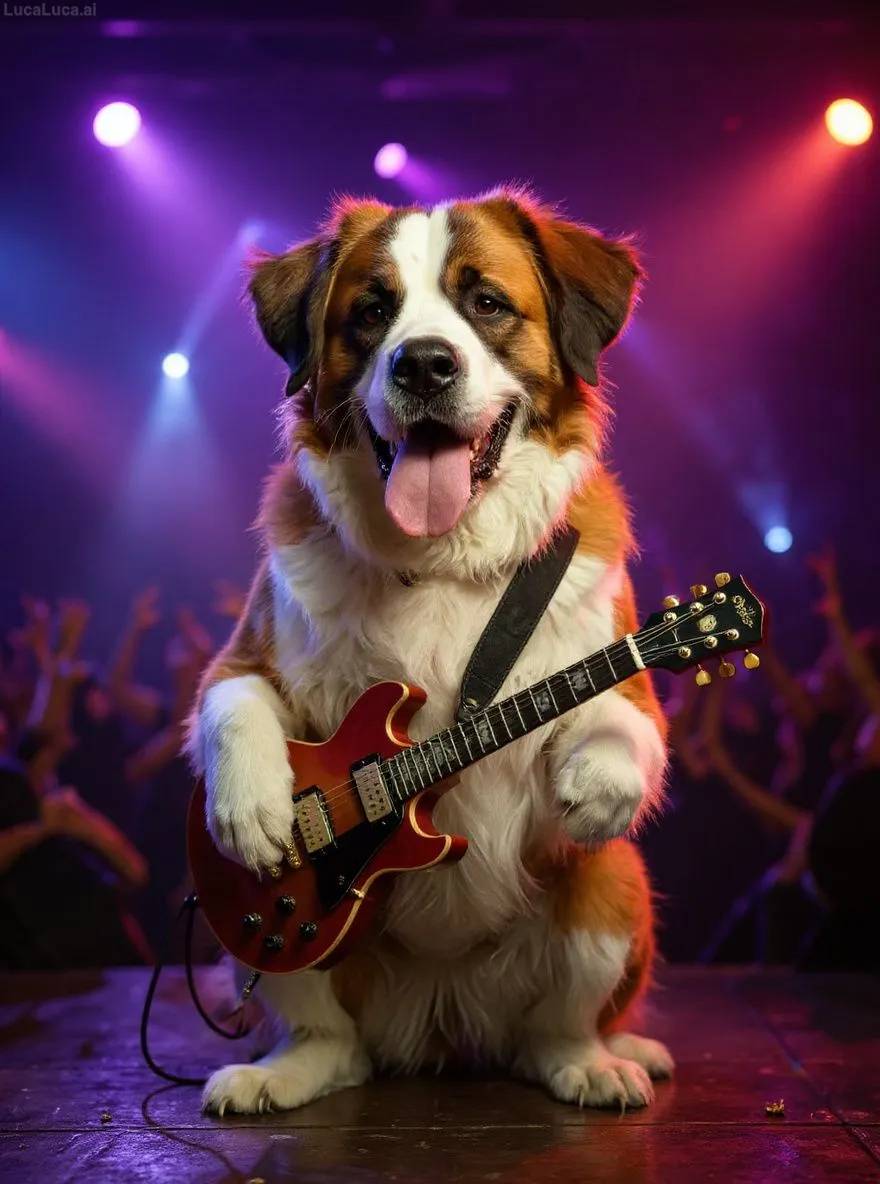 Saint Bernard dog on stage with an electric guitar under bright lights