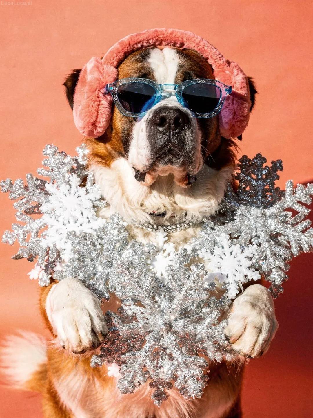 Saint Bernard dog wearing blue sunglasses and coral earmuffs holding snowflake ornaments