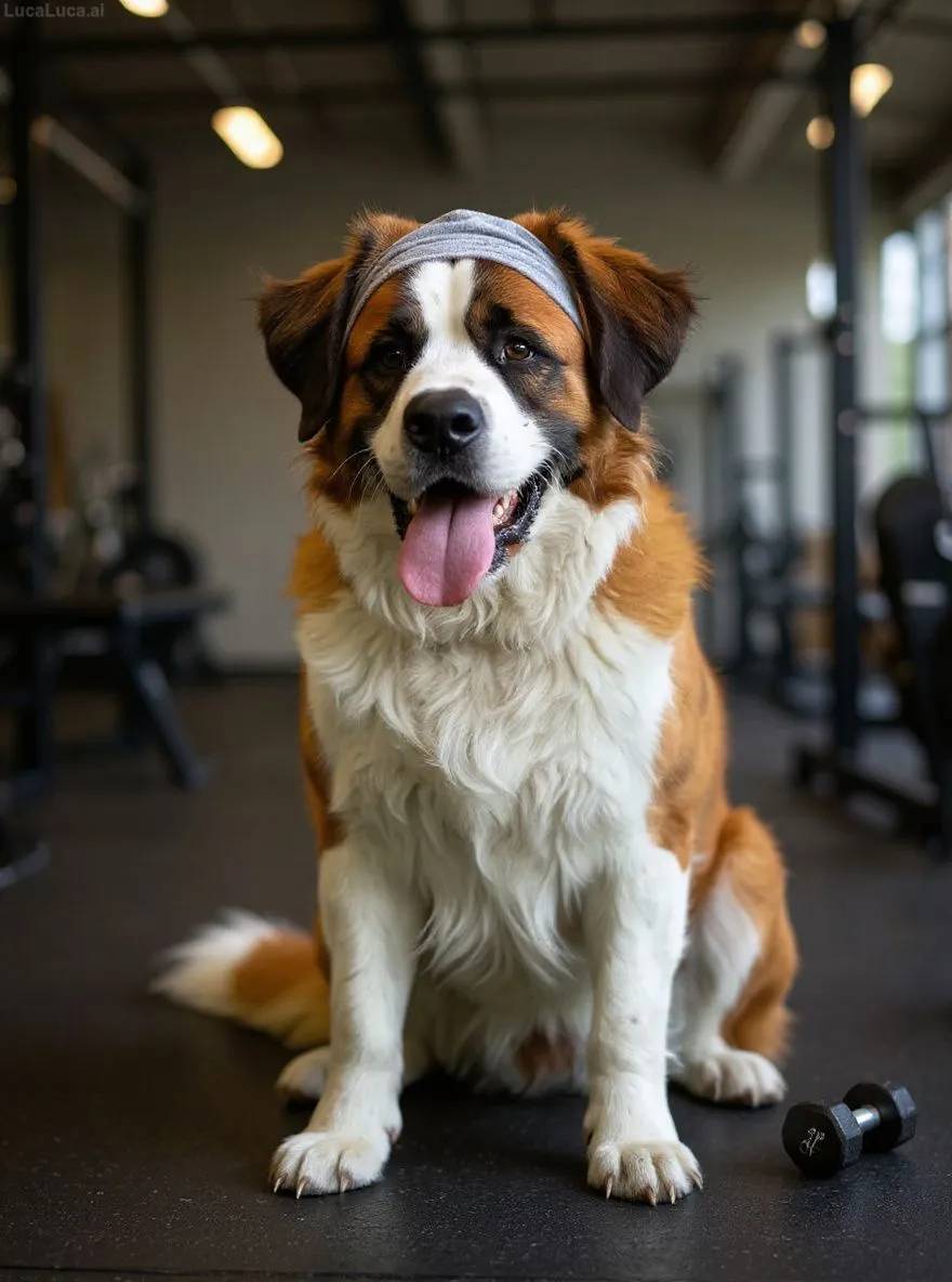 Saint Bernard dog in a gym lifting dumbbells wearing a sweatband