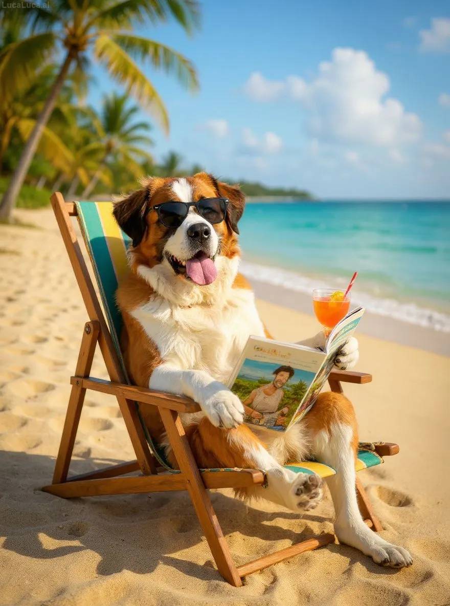 Saint Bernard dog wearing sunglasses lounging on a beach chair with a cocktail