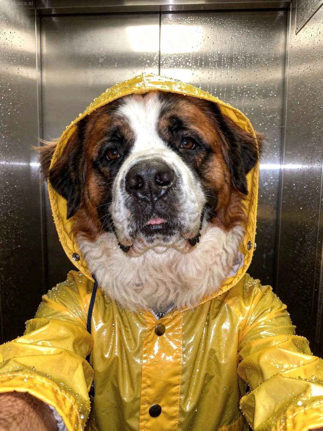 Saint Bernard dog wearing a yellow raincoat with the hood up