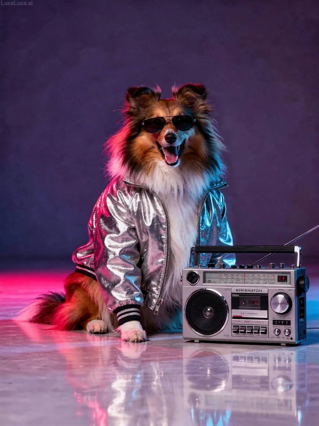 Shetland Sheepdog dog in a metallic silver bomber jacket next to a boombox with neon lighting