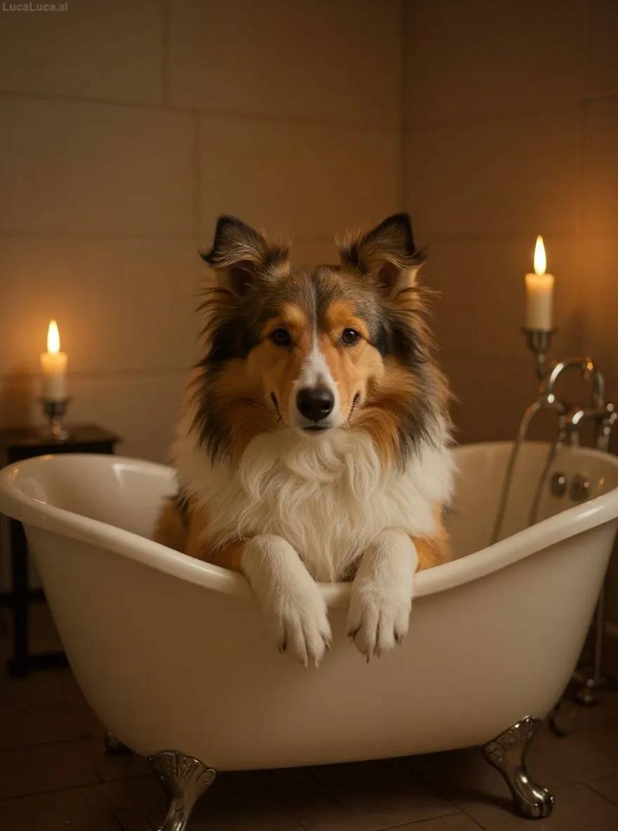 Shetland Sheepdog dog lying in a bathtub surrounded by candles