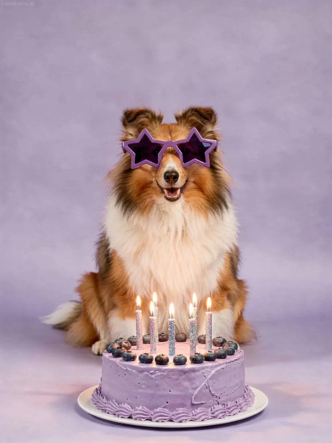 Shetland Sheepdog dog wearing purple star sunglasses with a lavender cake