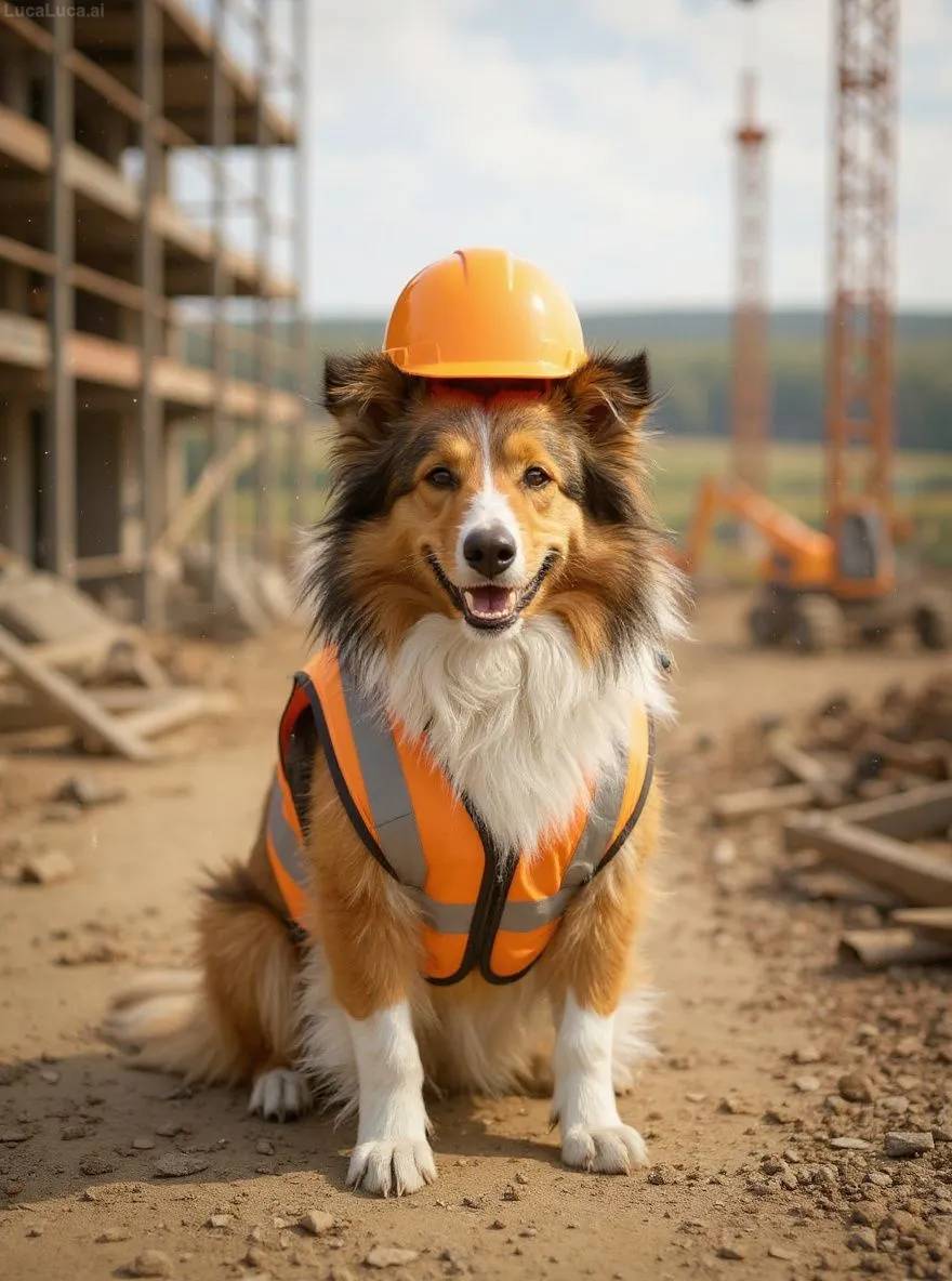 Shetland Sheepdog dog wearing a hard hat and safety vest at a construction site