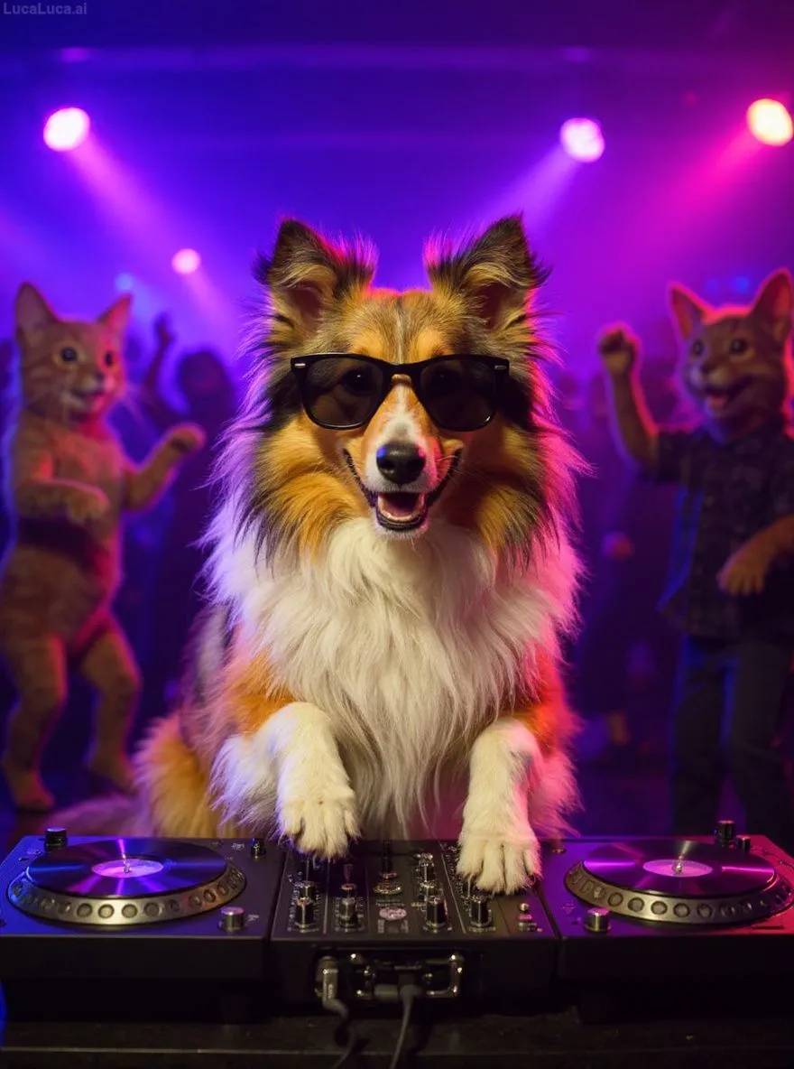 Shetland Sheepdog dog wearing sunglasses with paws on turntables at a nightclub