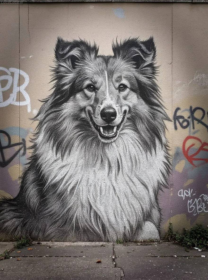 Shetland Sheepdog dog as a monochrome street art mural on a weathered urban wall