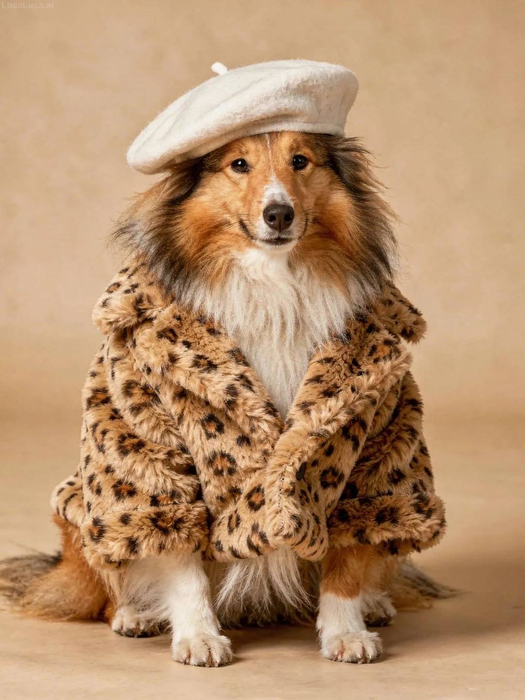 Shetland Sheepdog dog wearing a white beret and leopard-print faux fur coat