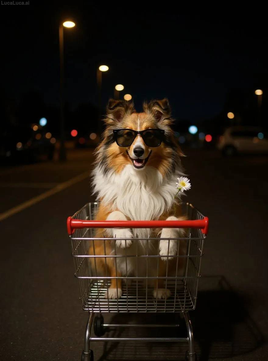 Shetland Sheepdog dog wearing sunglasses riding in a shopping cart at night