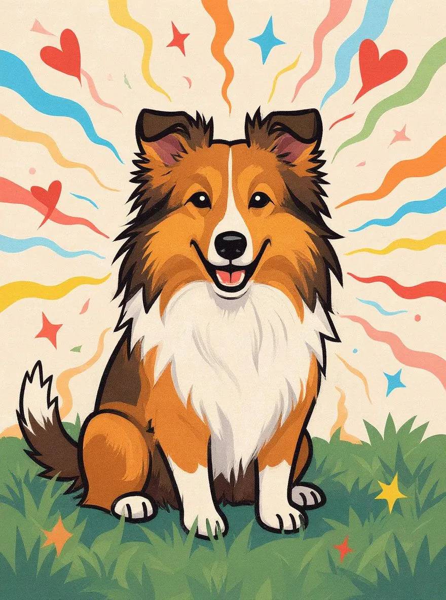 Shetland Sheepdog dog in cartoon style with bold outlines and energetic shapes