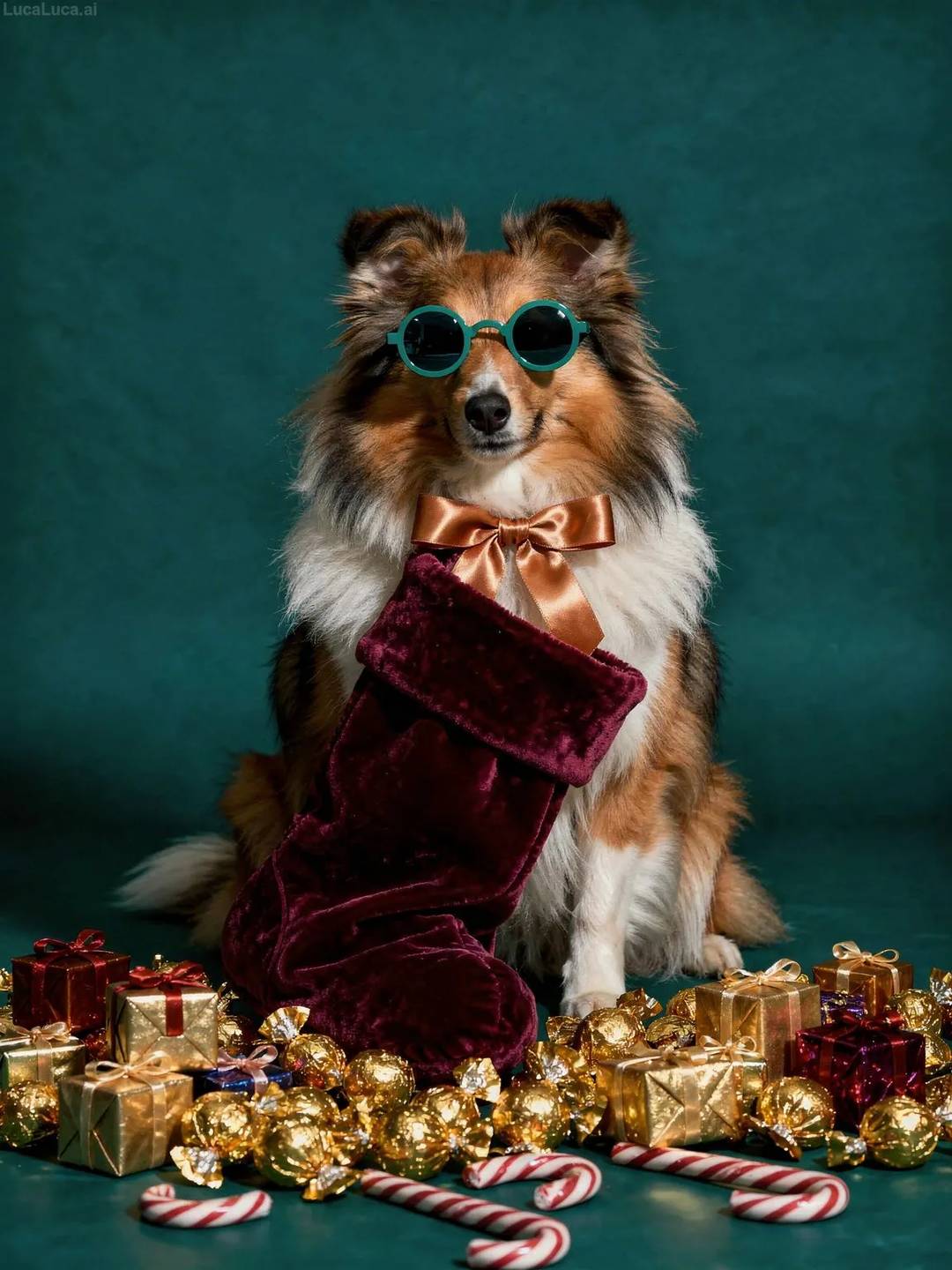 Shetland Sheepdog dog wearing teal sunglasses holding a Christmas stocking with candies