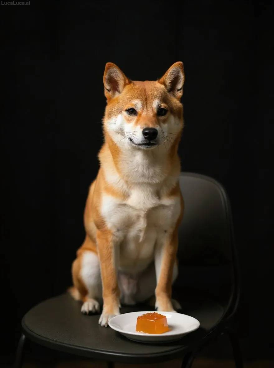 Shiba Inu dog on a kitchen chair staring at a jelly cube under dramatic lighting