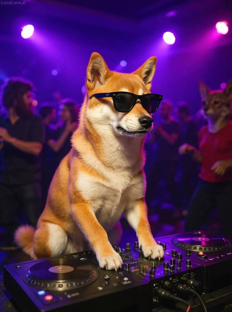 Shiba Inu dog wearing sunglasses with paws on turntables at a nightclub