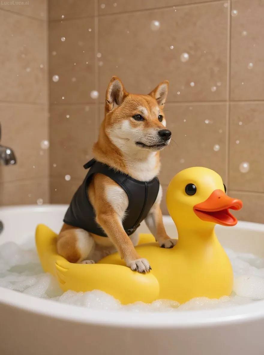 Shiba Inu dog wearing a tiny life jacket riding a giant rubber duck in bubbles