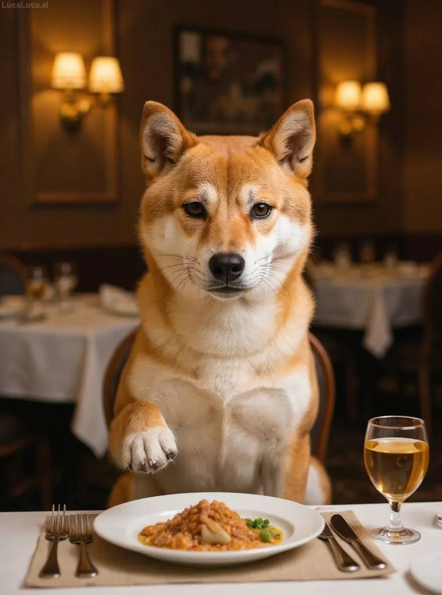 Shiba Inu dog at a fancy restaurant table judging a gourmet dish