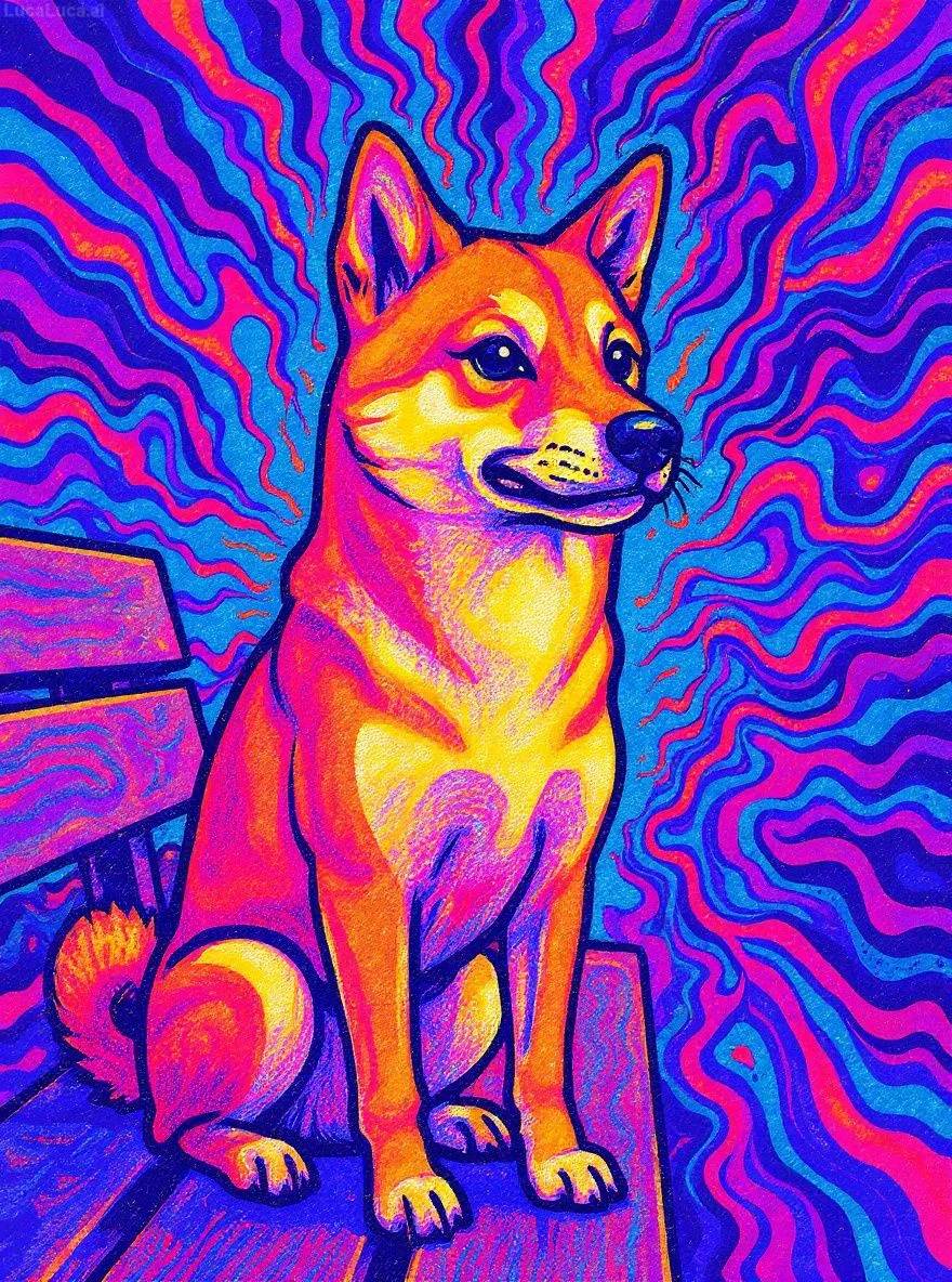 Shiba Inu dog in psychedelic 1970s style with neon gradients and swirling patterns
