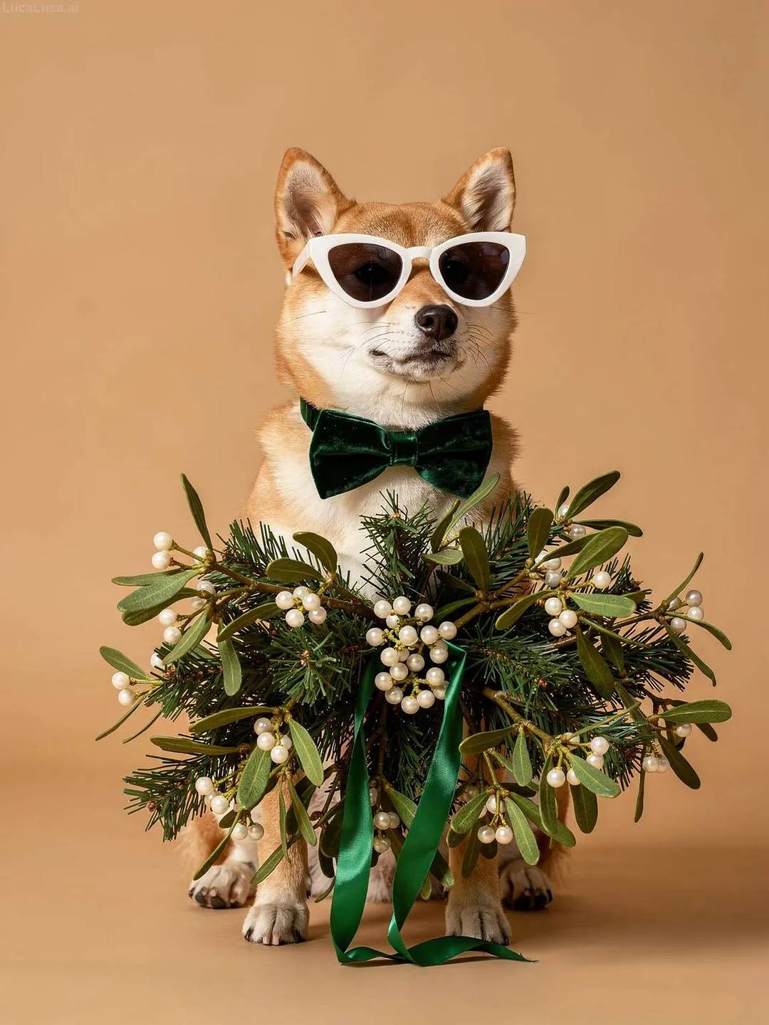 Shiba Inu dog wearing white cat-eye sunglasses holding a bundle of mistletoe