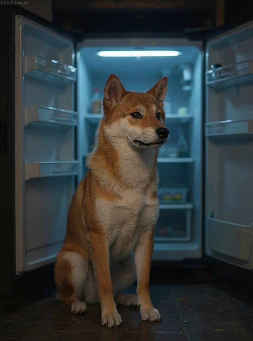 Shiba Inu dog in front of an open refrigerator at night