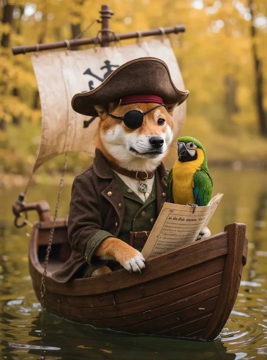 Shiba Inu dog dressed as a pirate with eye patch on a ship deck