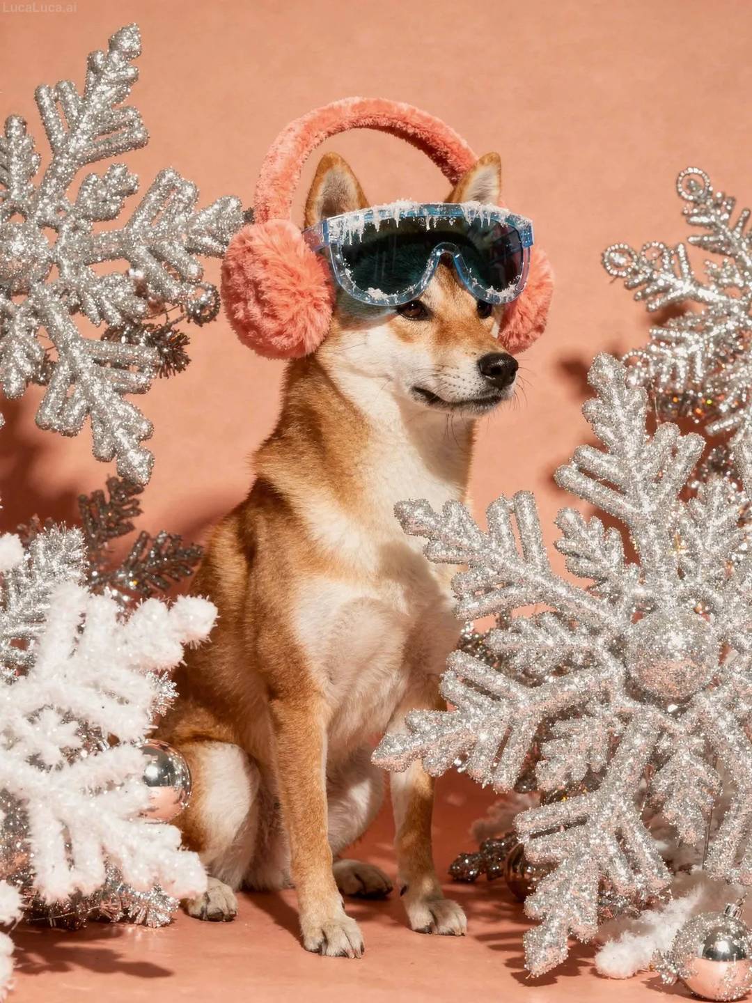 Shiba Inu dog wearing blue sunglasses and coral earmuffs holding snowflake ornaments