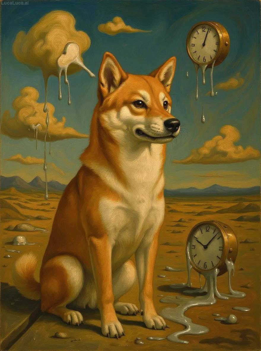 Shiba Inu dog in surrealist style with melting clocks in a desert landscape