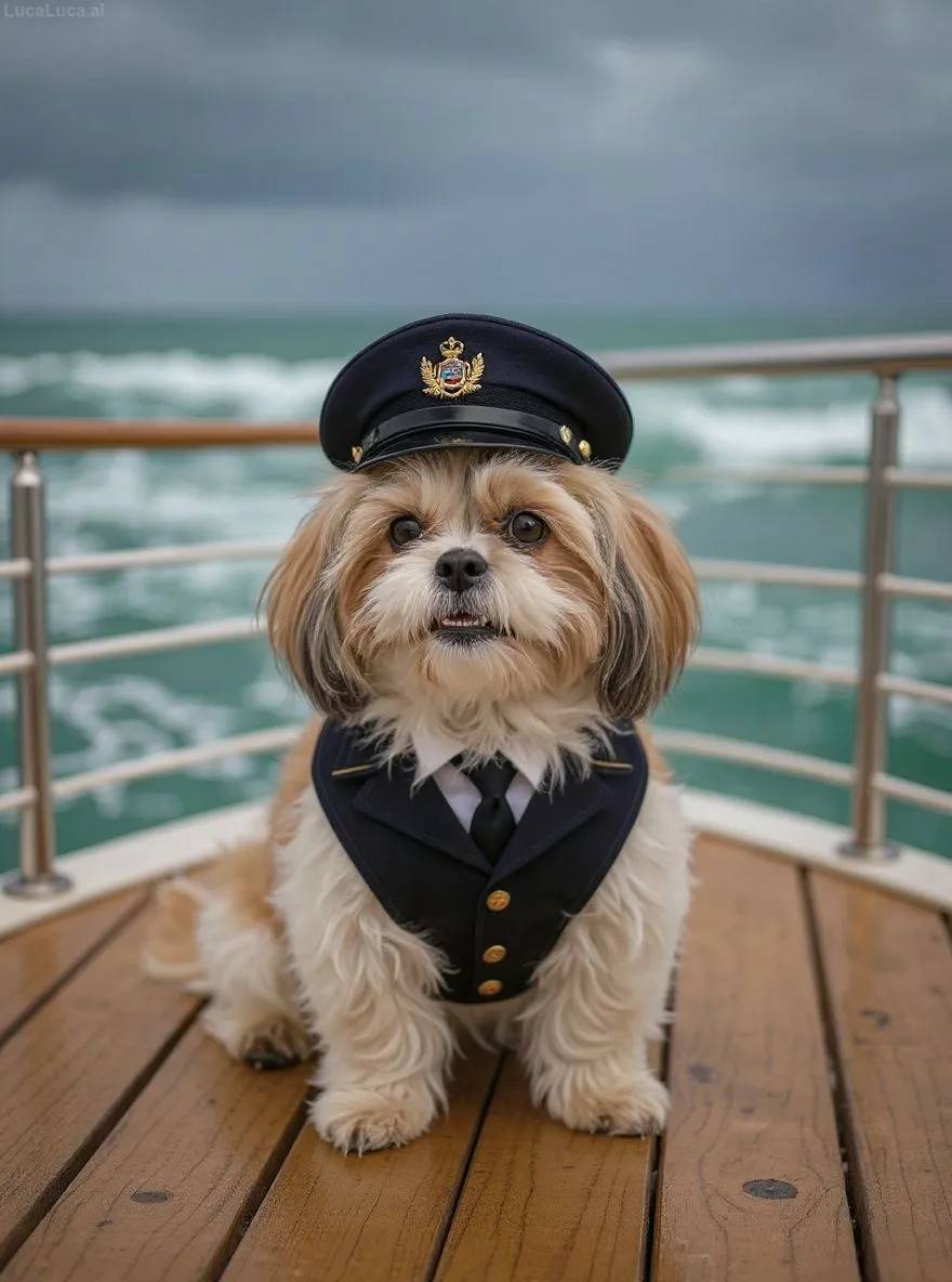 Shih Tzu dog in captain uniform on a boat deck during a storm